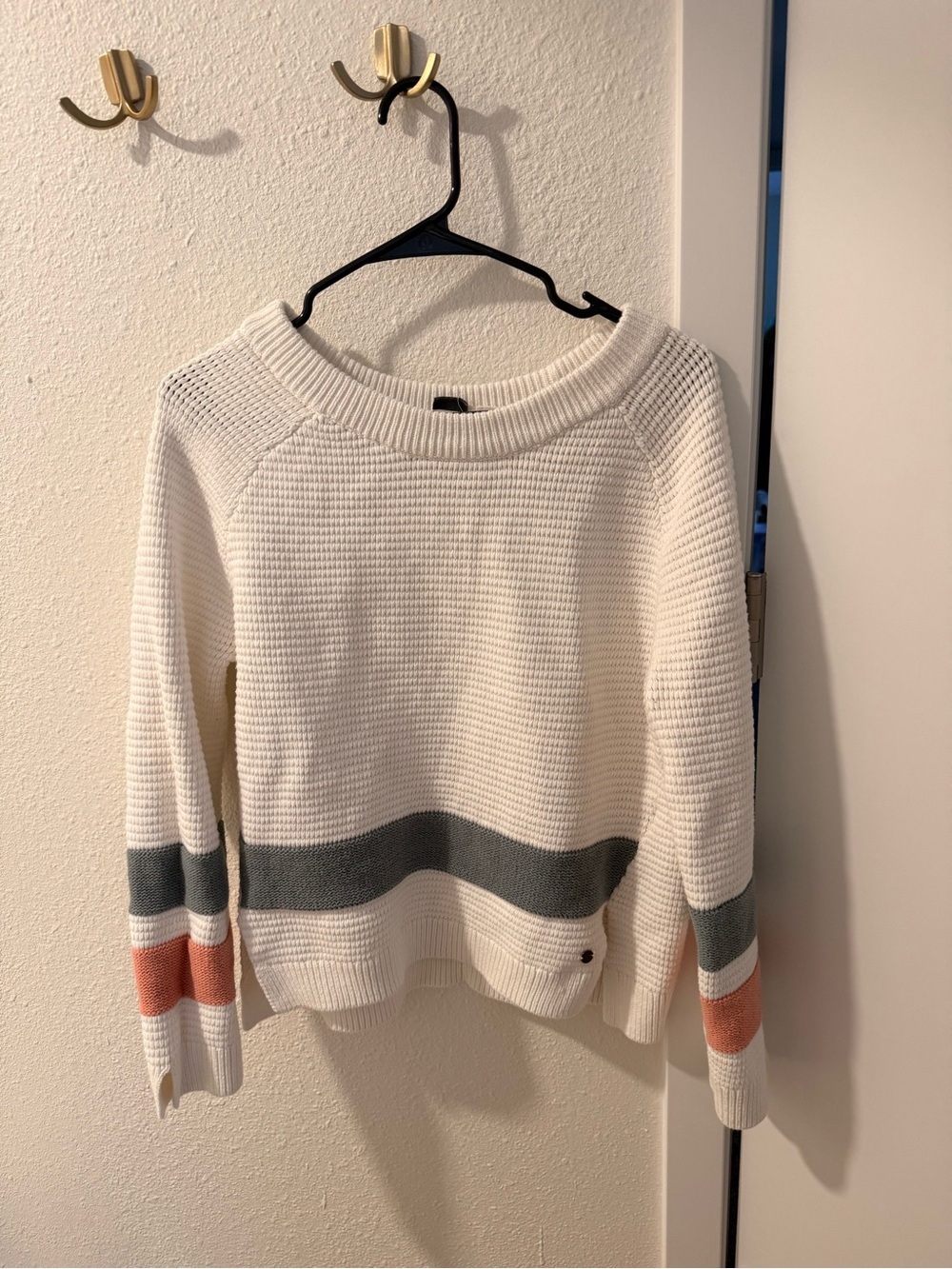 Roxy White Knit Crewneck Sweater with Gray and Coral Bands